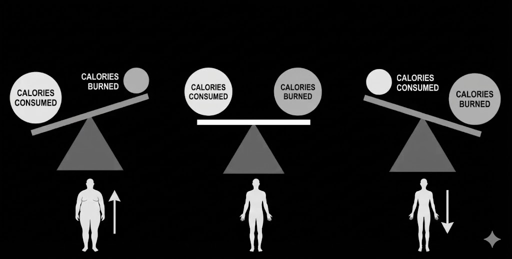 Hình ảnh mô tả hệ quả theo thời gian của từng trạng thái năng lượng trong cơ thể. Ăn thaam hụt năng lượng giúp giảm cân theo thời gian.